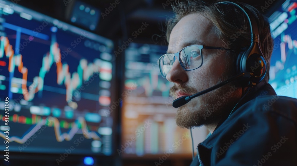 Poster the network operations center contains monitors showing stock charts and data while a trader makes a