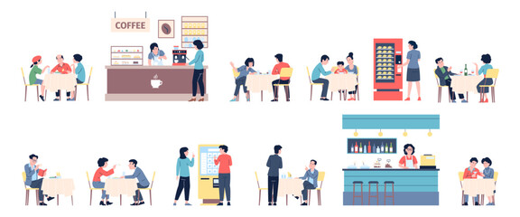 Food court elements. People have lunch or dinner, meeting in cafe. Stalls with meals and coffee, couple drinking and man reading. Recent vector set