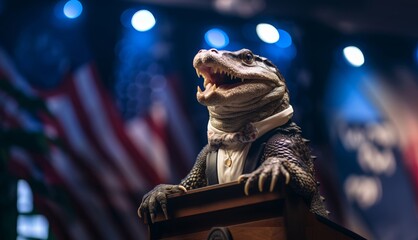 Dynamic close-up of an alligator in formal attire speaking passionately at a political rally with American flag backdrop.