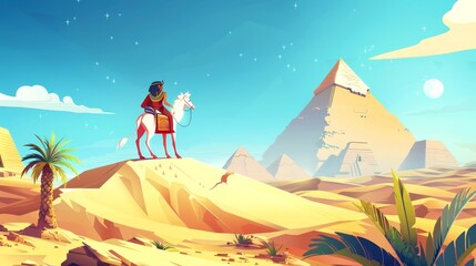 Cartoon of an ancient Egyptian papyrus with hieroglyphs and religious symbols, Ra sitting on the back of a cow covered in white stars, Ra leaving for the sky, legend from ancient Egypt.
