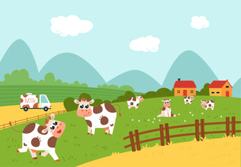Cows on green meadow. Agriculture landscape, cow walking on nature. Milk farm funny characters, village or countryside and truck, classy vector scene