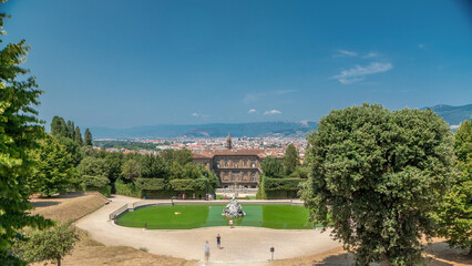 The Boboli Gardens park timelapse, Fountain of Neptune and a distant view on The Palazzo Pitti, in Florence, Italy.