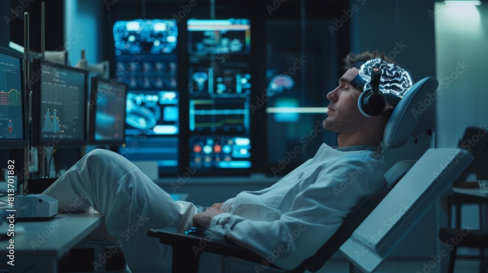 Poster observing eeg readings on monitors and a graphical brain model in a modern neuroscience lab. the man
