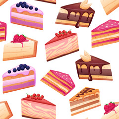 Cakes seamless pattern. Creamy cake slices with berry, chocolate and jam. Cafe or cafeteria food, fabric wrapping print design, nowaday vector template