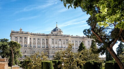 View of the emblematic royal palace of Madrid and the Sabatini gardens that are in front of one of its facades