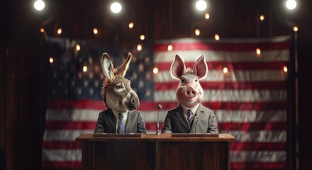 Humorous and surreal portrayal of a donkey and a pig dressed in suits, debating at a podium with an American flag backdrop.