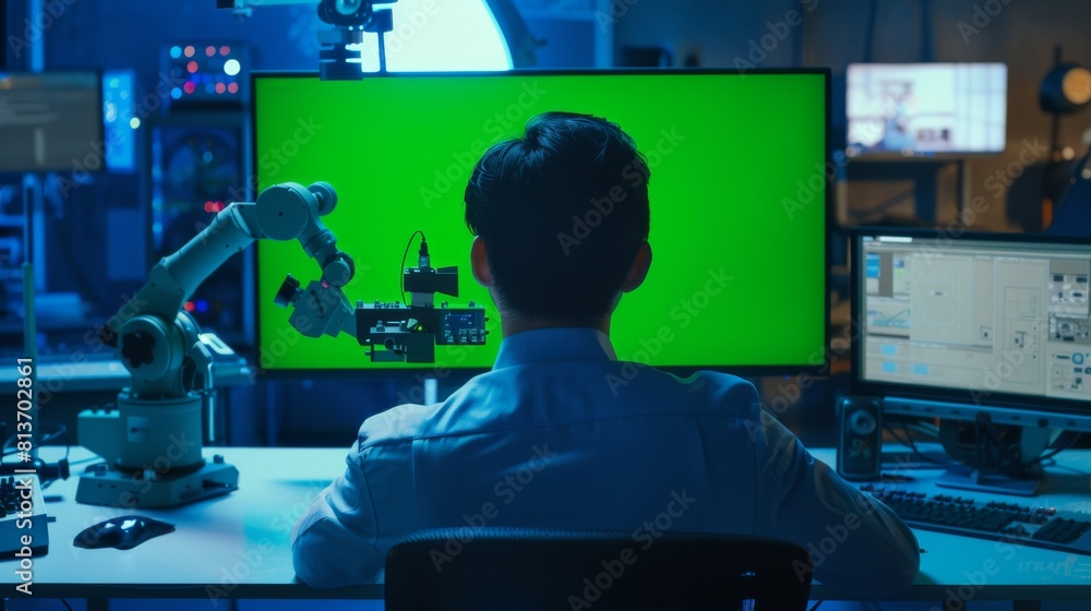 Poster scientist sitting at his desk, working with a mock-up green screen on his personal computer. in the 