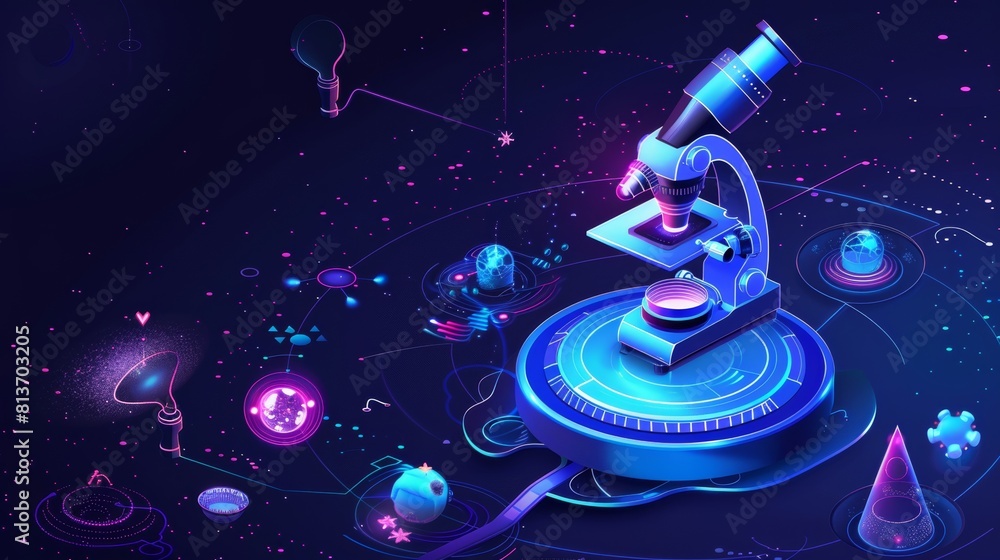 Poster 3d modern line art web banner with beacon technology. scientific microscope on blue background. shar