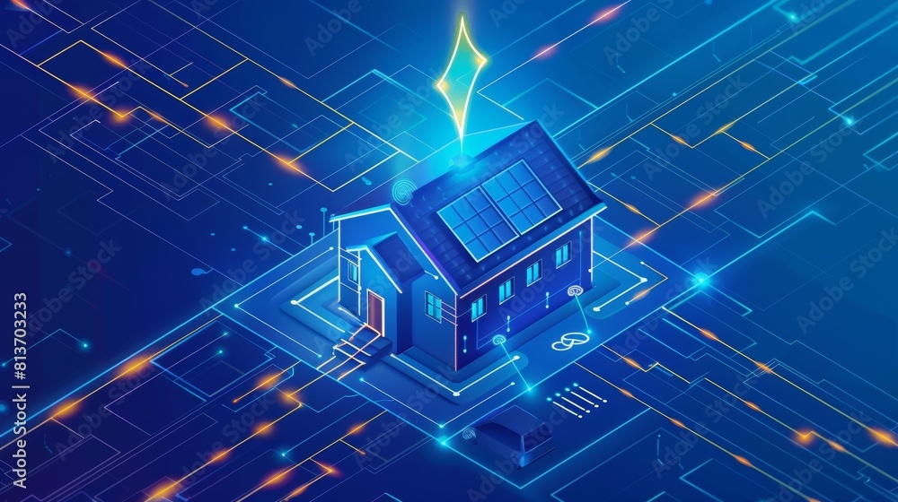 Poster the concept of smart home technology. modern landing page of a house control system with an icon of 