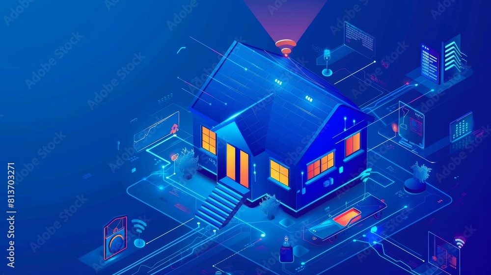 Poster internet of things technology concept. modern landing page of a house control system with an isometr