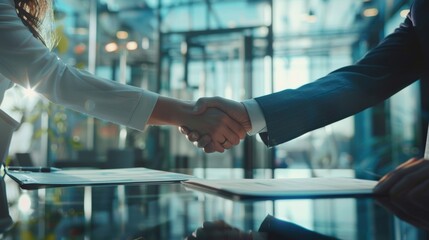 In the background, a bright and open modern office with glass walls is in the background, and a businesswoman and a businessman shake hands. A contract is drawn up and papers are filled out in the