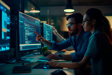 Software Developers Collaborating on Project. Two programmers, a man and a woman, analyzing code on computer screens in a dimly lit office.