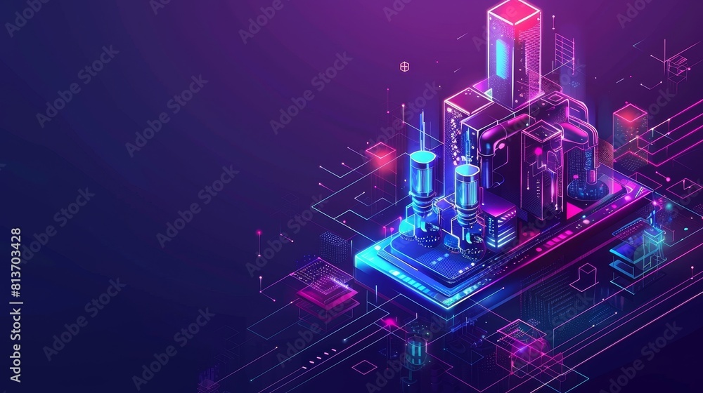Poster isometric beacon landing page. microscope research column chart. internet of things network using wi