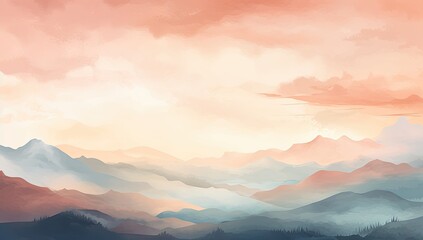 Obraz premium Ethereal Escapade: Illustrated Landscape with Dreamy Mountains and Sky Above