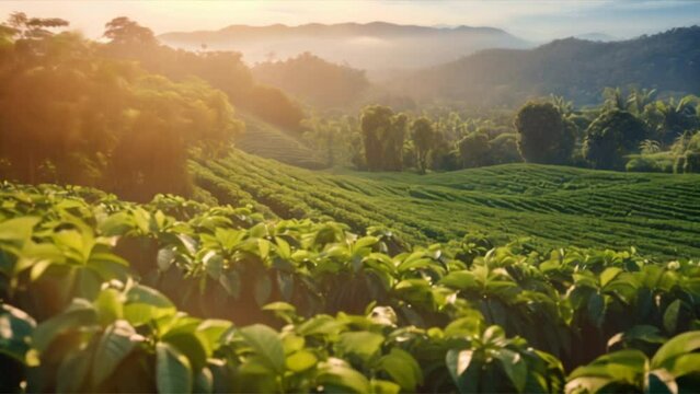 coffee plantation, showcasing the lush green rows of coffee plants under the warm sunlight.