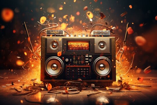 Retro boombox radiates energy with sparkling embers and dynamic light effects