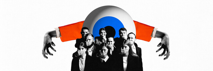 Banner. Contemporary art collage. Person with huge eye instead of head intimidates crowd in black...