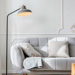 Livingroom interior wall mock up with gray fabric sofa and pillows on white background with free space on wall. 3d rendering. ai generative