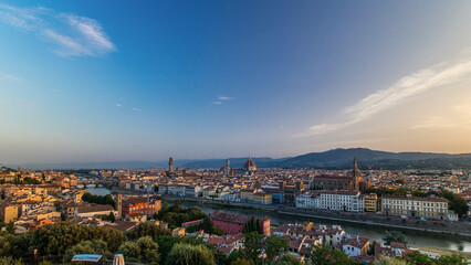 Top view of Florence city timelapse at sunrise with arno river bridges and historical buildings