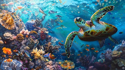 Obraz premium Underwater scene with a sea turtle swimming over a colorful coral reef.