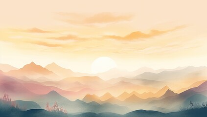 Ethereal Escapade: Illustrated Landscape with Dreamy Mountains and Sky Above