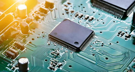 Panoramic View of Technology Chips on a Computer Motherboard: Intricate Printed Circuit Board Design. Crafting with AI Tools