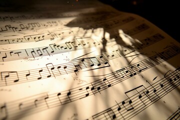 Dramatic shadows cast upon an open music sheet with sunlit highlights