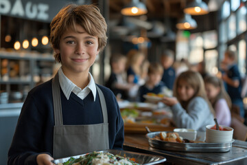 Young cheerful waiter holding plate with delicious food in restaurant