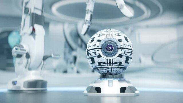 robot arm placing artificial intelligence core into socket, the core powers up