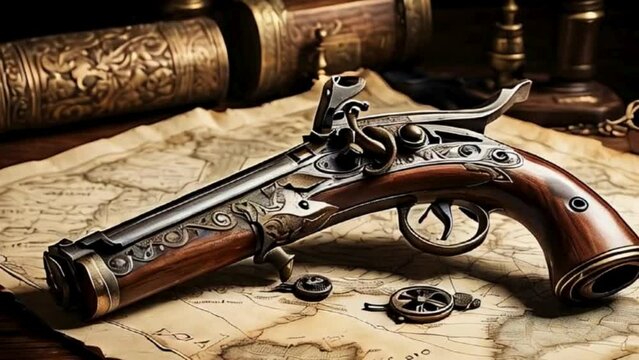  Ornate Antique Flintlock Pistol on Aged World Map