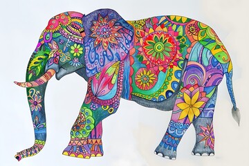 painted elephant in colorful patterns in traditional indian style, ornate animal wallpaper, ornament picture