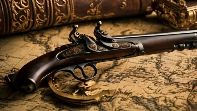  Ornate Antique Flintlock Pistol on Aged World Map