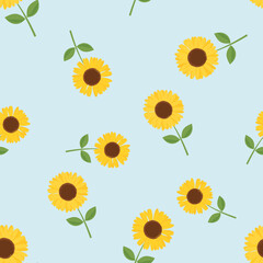 Seamless pattern of sunflower with green leaves on blue background vector.
