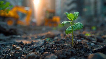 Green Building and Sustainable Development Concept, small plant sprouting from the ground in an urban environment, with construction machinery