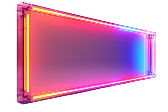 A neon sign with a pink, purple, and blue background. The sign is lit up and has a glowing effect