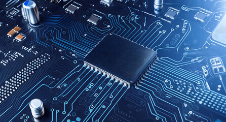 Panoramic View of Technology Chips on a Computer Motherboard: Intricate Printed Circuit Board Design. Crafting with AI Tools