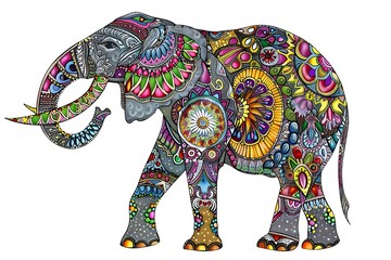 Obraz premium painted elephant in colorful patterns in traditional indian style, ornate animal wallpaper, ornament picture