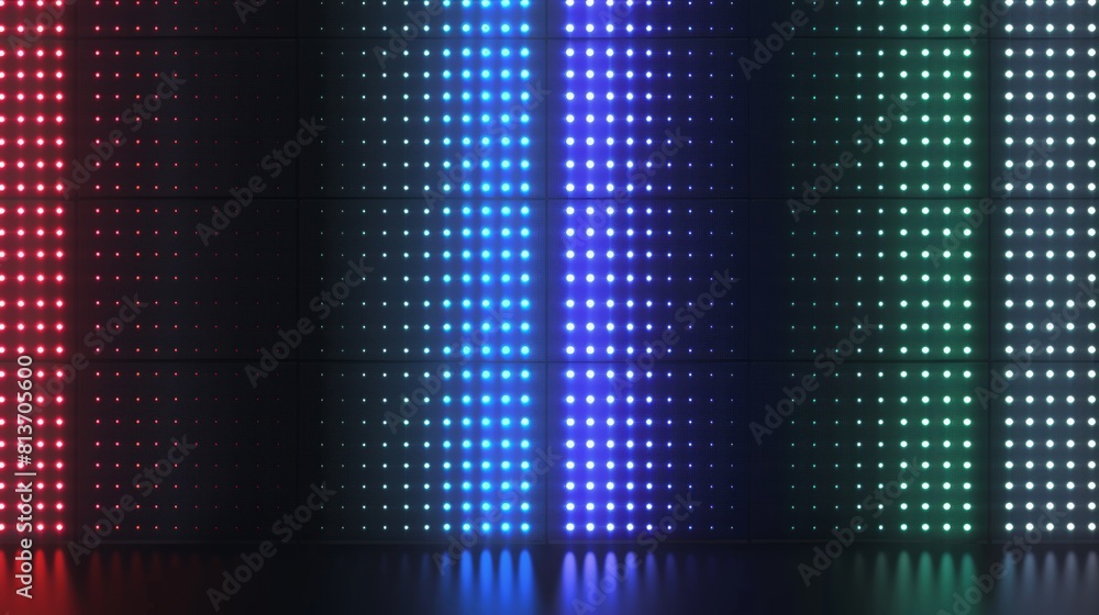 Poster on black background is an led wall video screen with green, blue, and red dots. modern background is