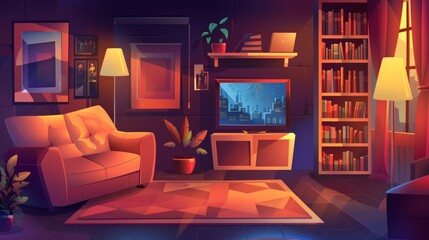 Sofa and TV in living room, bookshelf and armchair in cozy apartment, pictures of home design elements isolated, Cartoon modern illustration of design elements in living room.