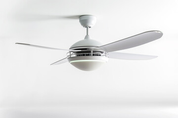 A modern white ceiling fan with a sleek design and integrated LED lighting isolated on a solid white background.
