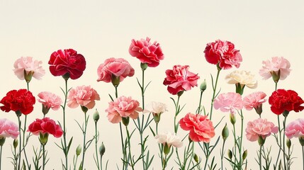 Fototapeta premium Lively red and pink carnation field flat design side view nature theme watercolor colored pastel