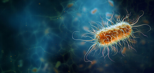 A highly detailed and realistic illustration of bacteria with copy space on the left, showcasing intricacies. Long hairlike structures emphasize translucent lines symbolizing movement or encapsulated