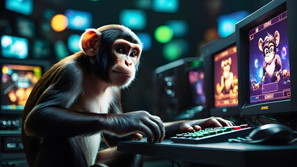 Obraz premium Monkey playing a game on the computer, Generative AI