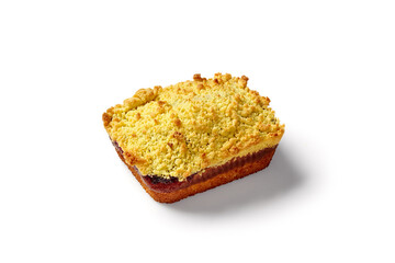 Crumble pie with berry jam filling on white backdrop