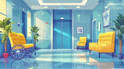 An empty hallway in a medical clinic with an open elevator door, yellow sofa, and wheelchair. Modern illustration of a waiting area or lobby with a lift.