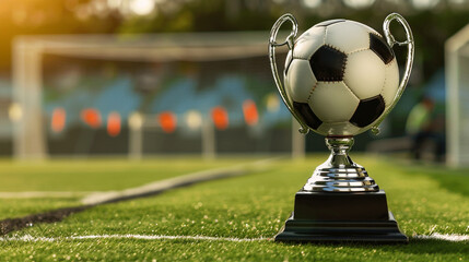 Football soccer ball and trophy cup on stadium