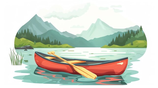 red canoe on lake with mountains clip art preview