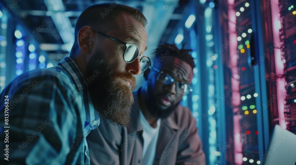 Poster black male engineer colleague and bearded it technician with a laptop computer are chatting in a dat