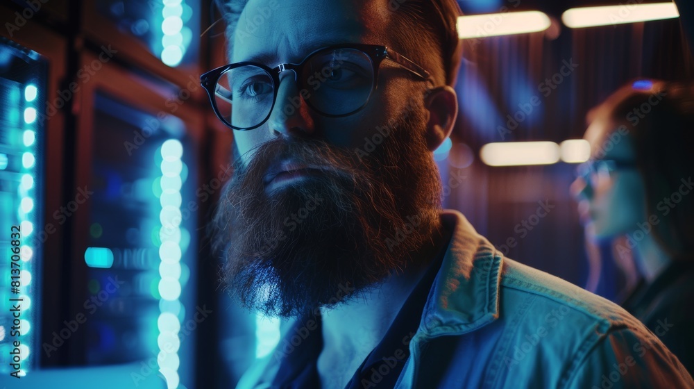Aufkleber the bearded it technician in glasses with the laptop computer and the young engineer colleague are t