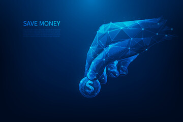 hand hold finance and money low poly wireframe. save money concept. business investment trading. vector illustration fantastic design. on blue dark background.